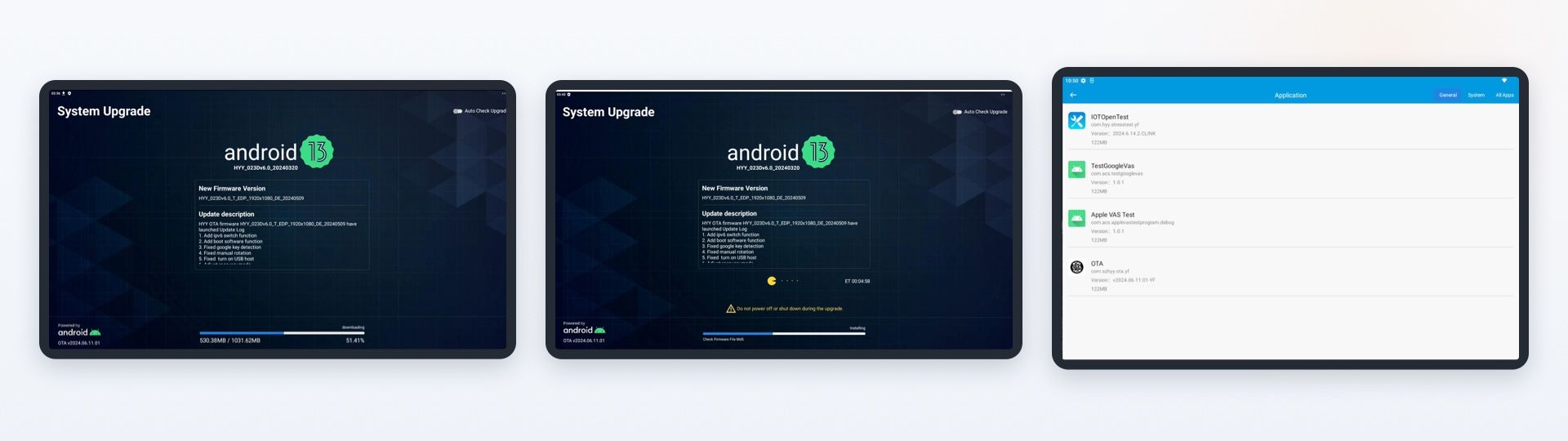 OTA 终端:下载更新、安装更新与应用管理界面